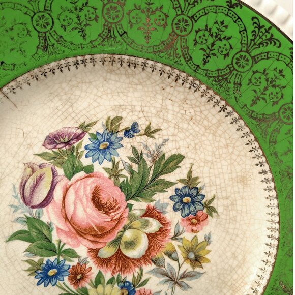 Royal Ascot SAGUENAY Green CM Semi Porcelain Plate England 1940's Floral - Picture 5 of 5